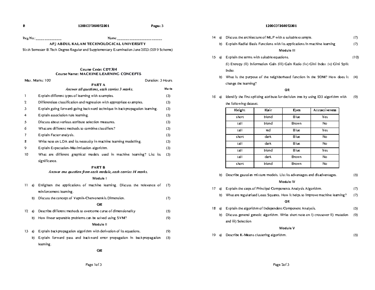 1200CDT304 Machine Learning Concepts - Question Paper June 2023 - Studocu