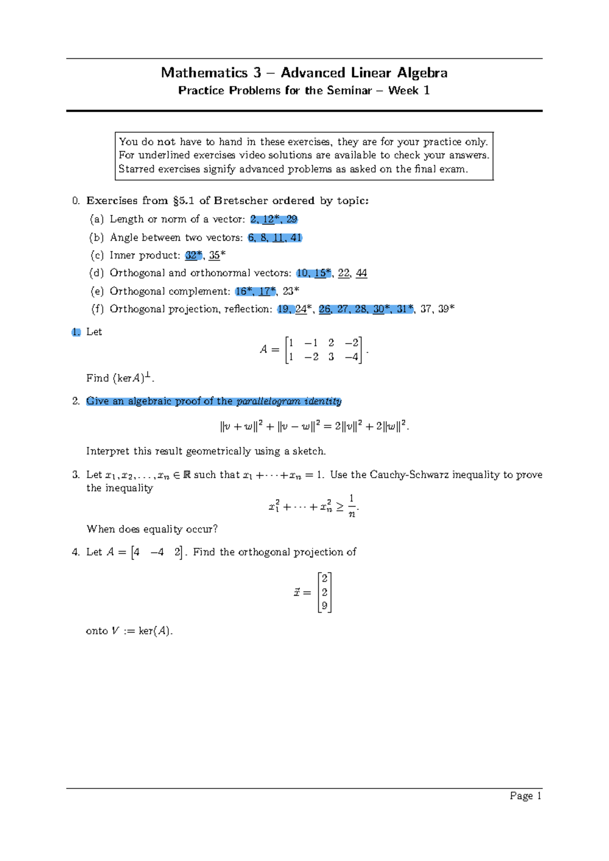 M3 Advanced Linear Algebra Practice Problems for Seminar 1 - Studeersnel