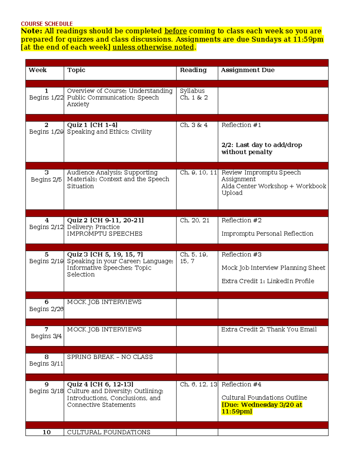 COM 120 Course Calendar: Weekly Topics & Assignments Overview - Studocu