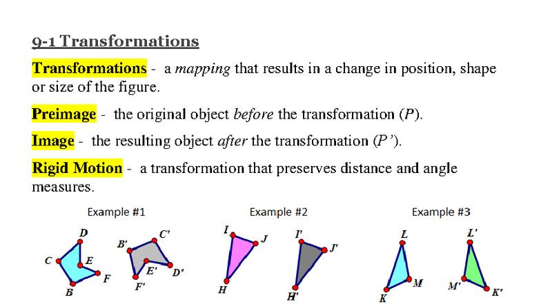 HGeo 9-1: Transformations and Rigid Motions Explained - Studocu
