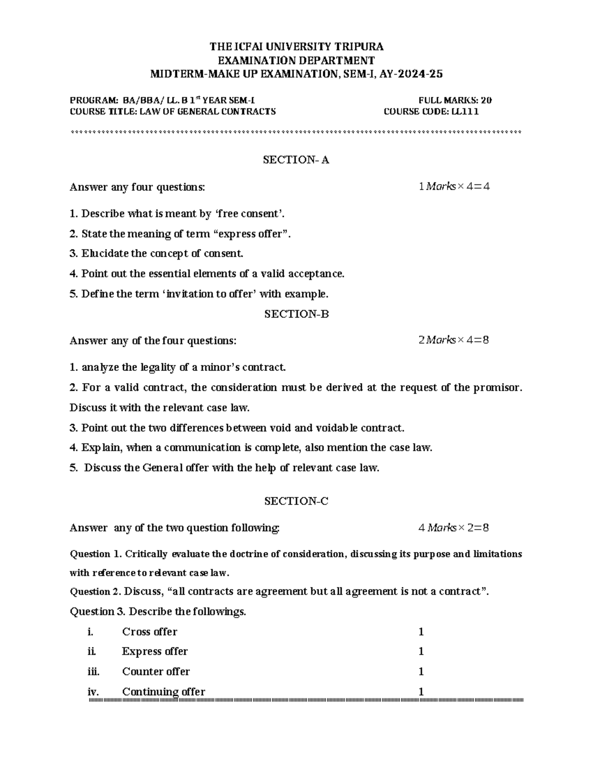 Contract act sample Paper - THE ICFAI UNIVERSITY TRIPURA EXAMINATION ...