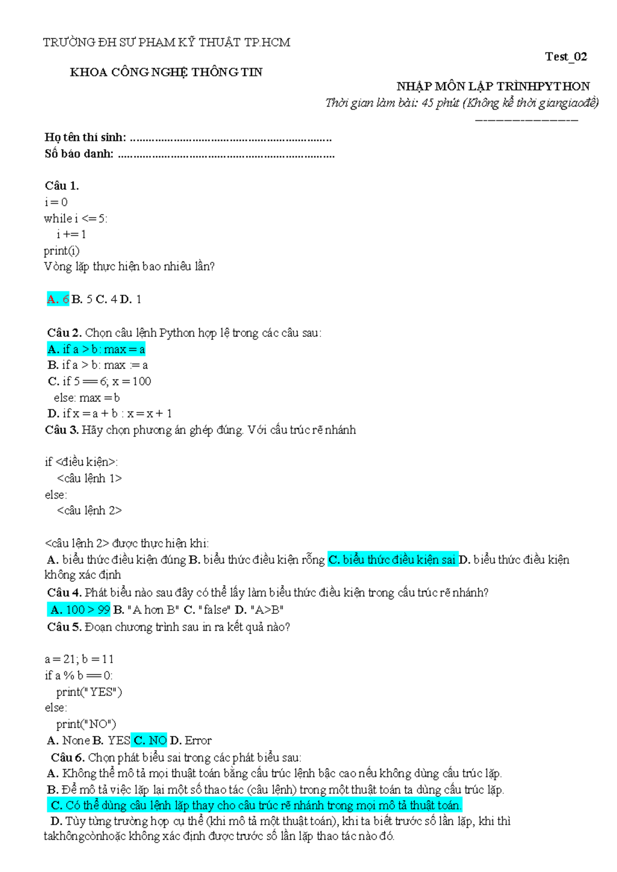 Test 02: Cấu Trúc Rẽ Nhánh và Lặp trong Python (Mã đề 001) - Studocu