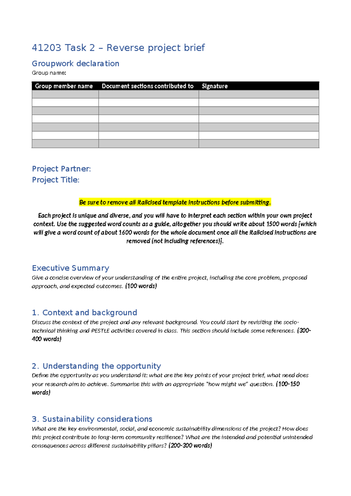 41203 Task 2 Reverse Project Brief: Groupwork Declaration ...
