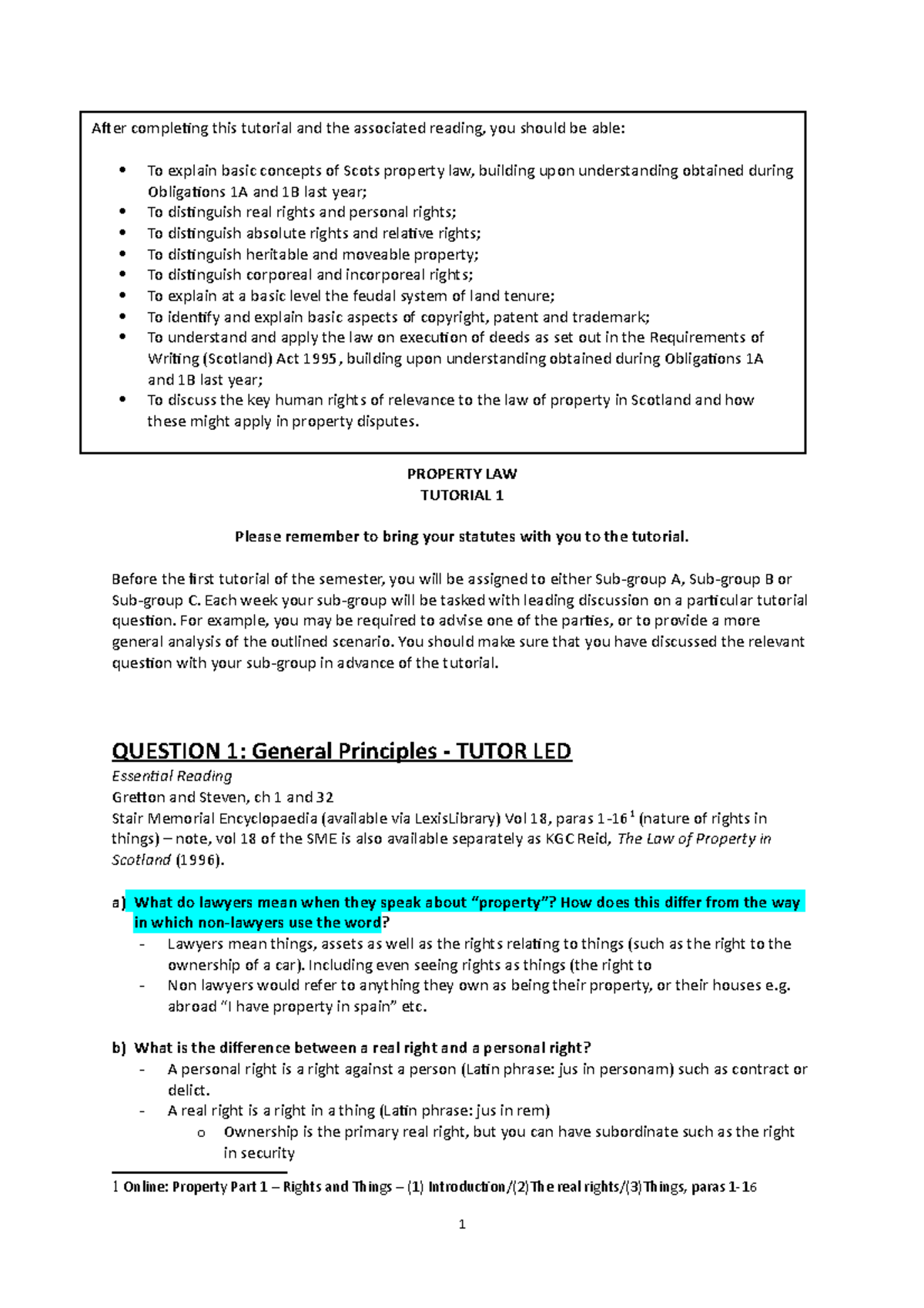 Property Law Tutorial 1 Summary and Key Concepts (LAW 101) - Studocu