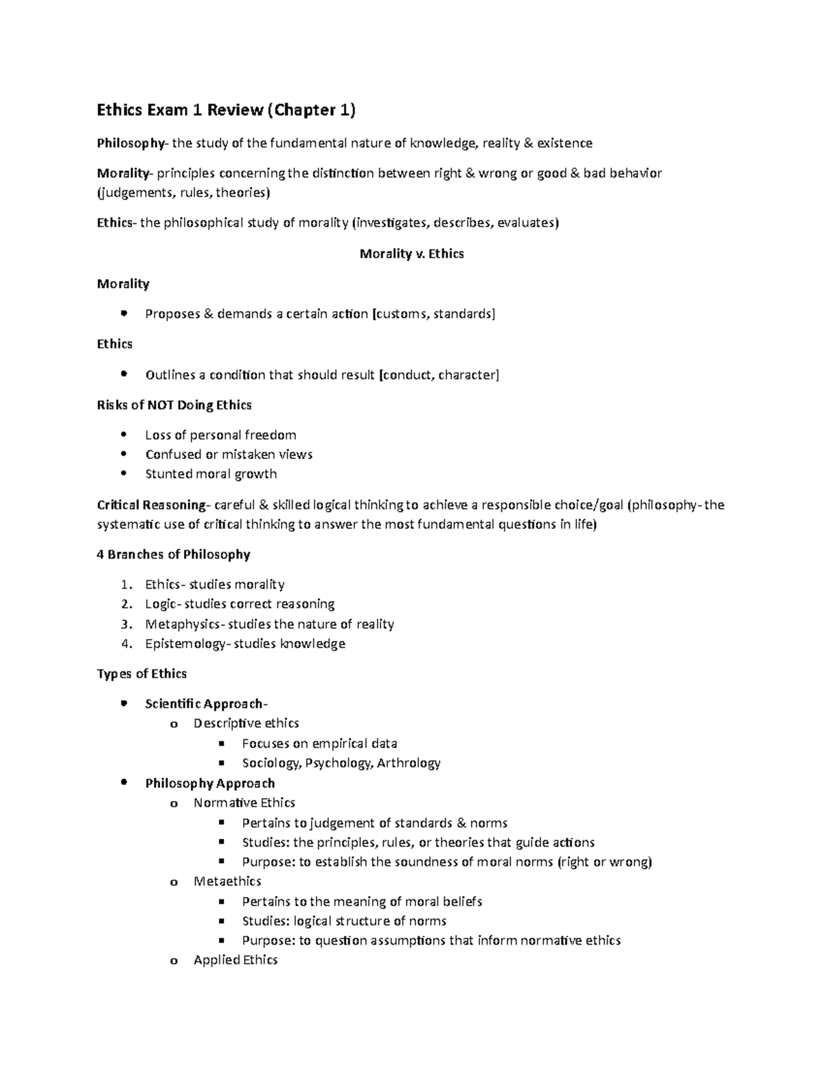 Ethics 101 Exam 1 Review: Key Concepts & Philosophical Principles - Studocu