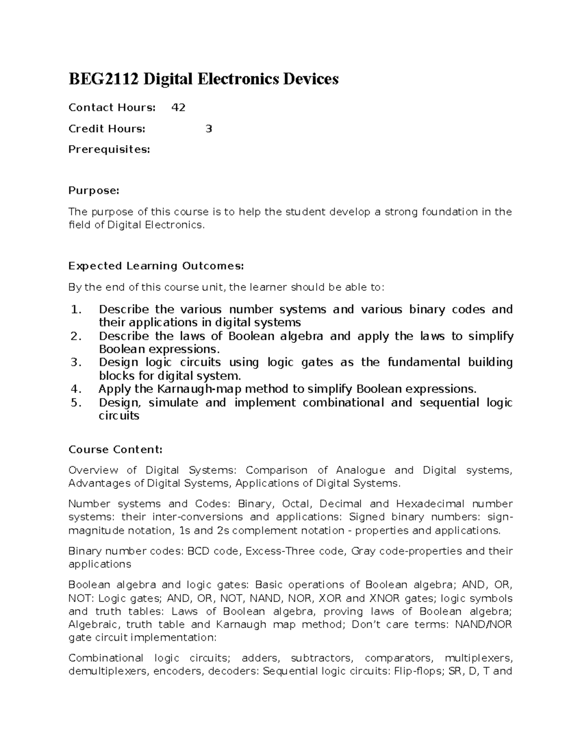 BEG2112 Digital Electronics: Course Overview & Learning Outcomes - Studocu