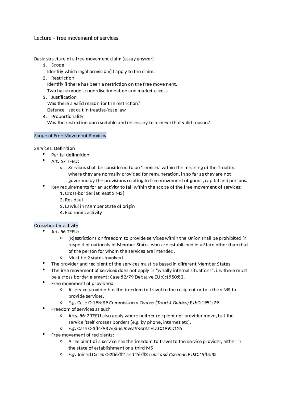 EU Law Lecture 11: Free Movement of Services Overview and Analysis ...