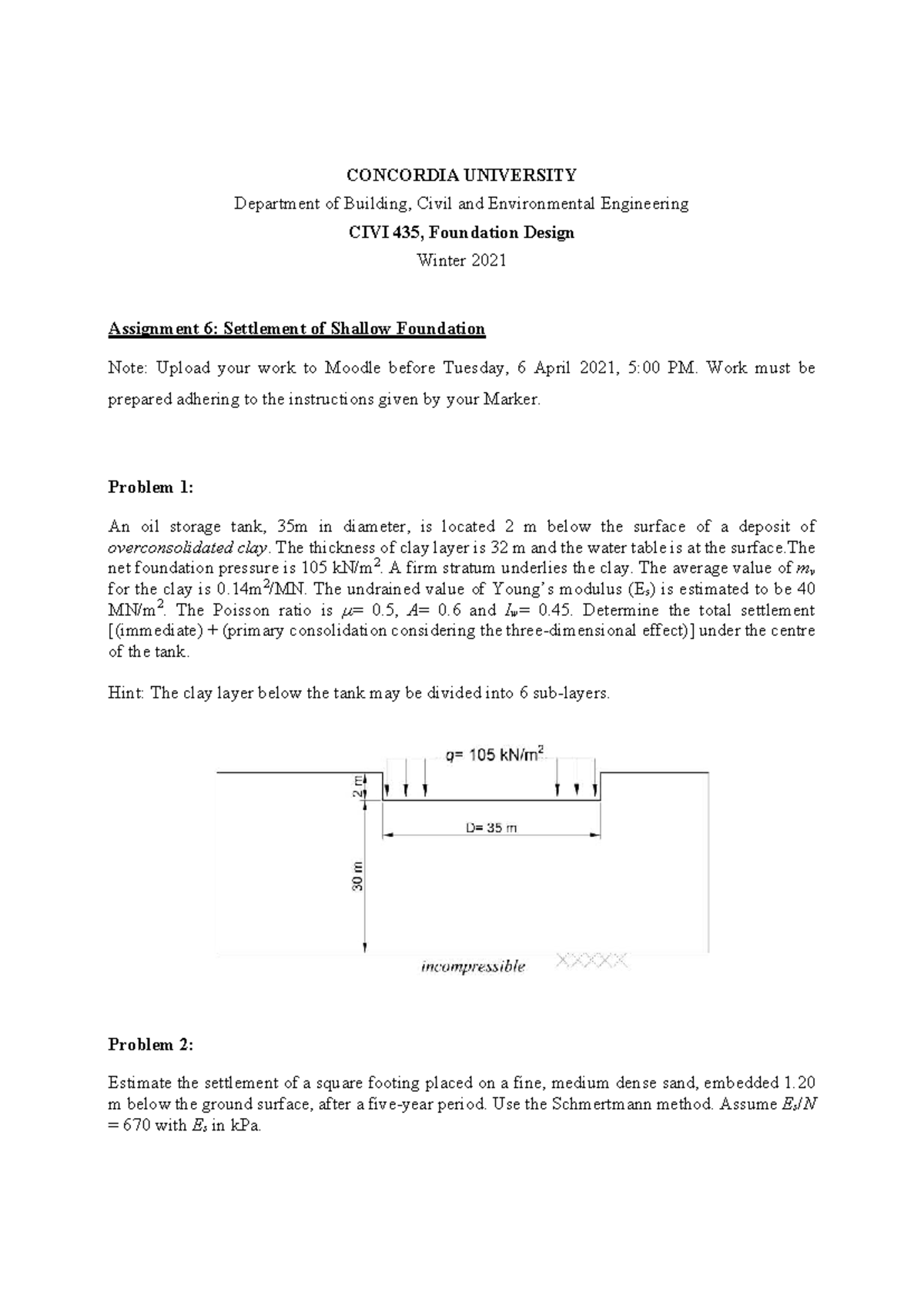 CIVI 435 - Assignment 6: Settlement Analysis of Shallow Foundations ...
