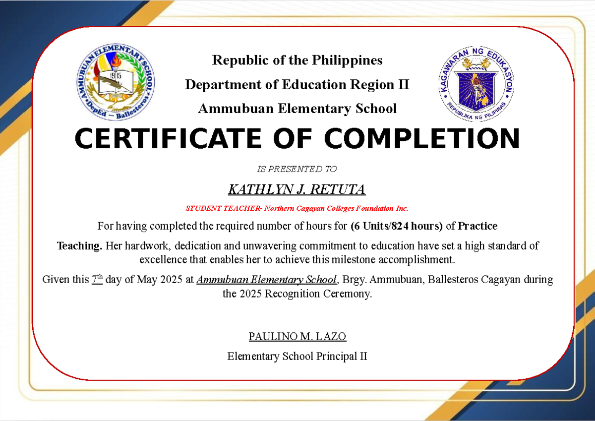 Certificate of Completion for Practice Teaching (6 hrs) - 2025 - Studocu