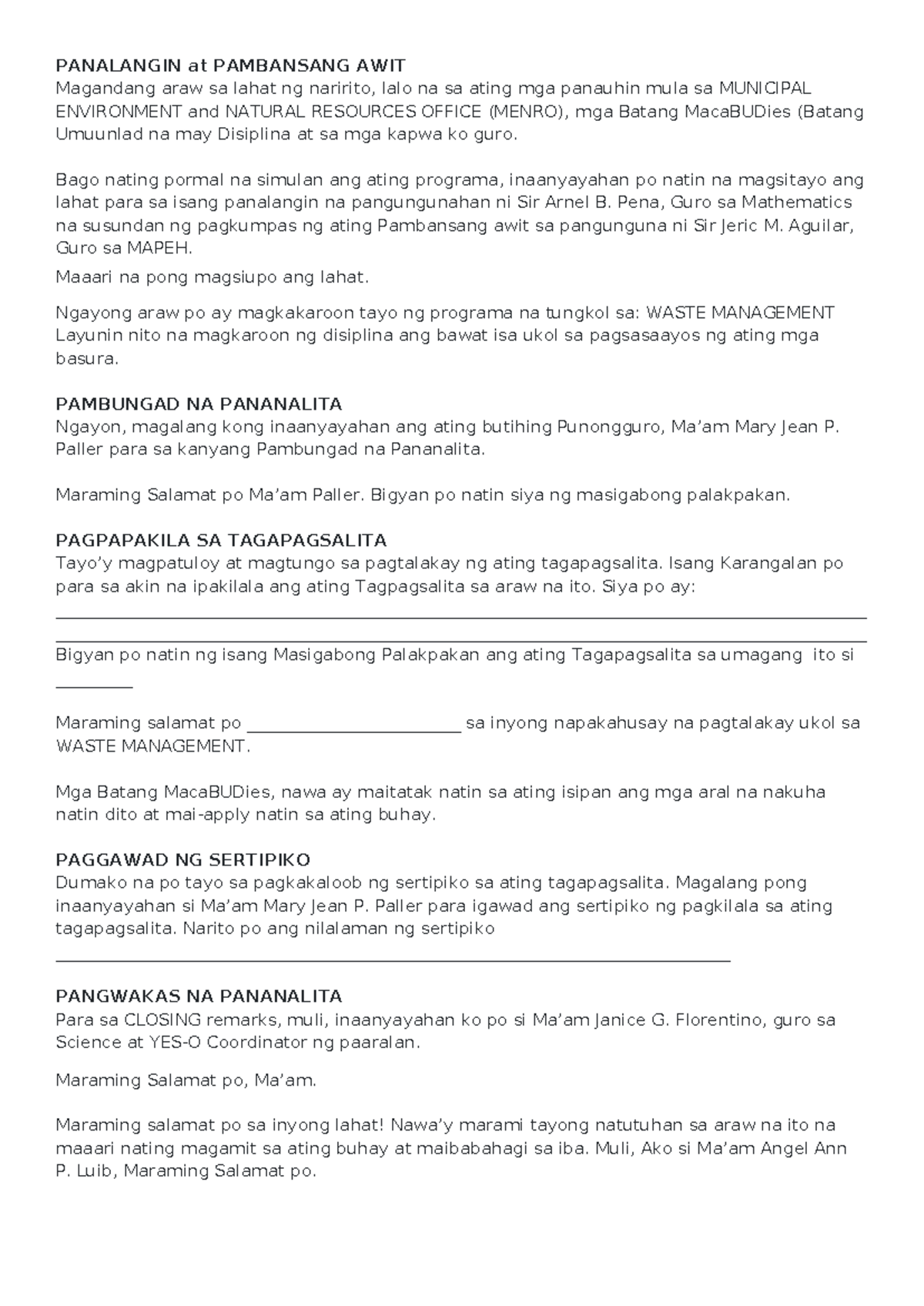 Emcee Script for Waste Management Program - MENRO Event - Studocu