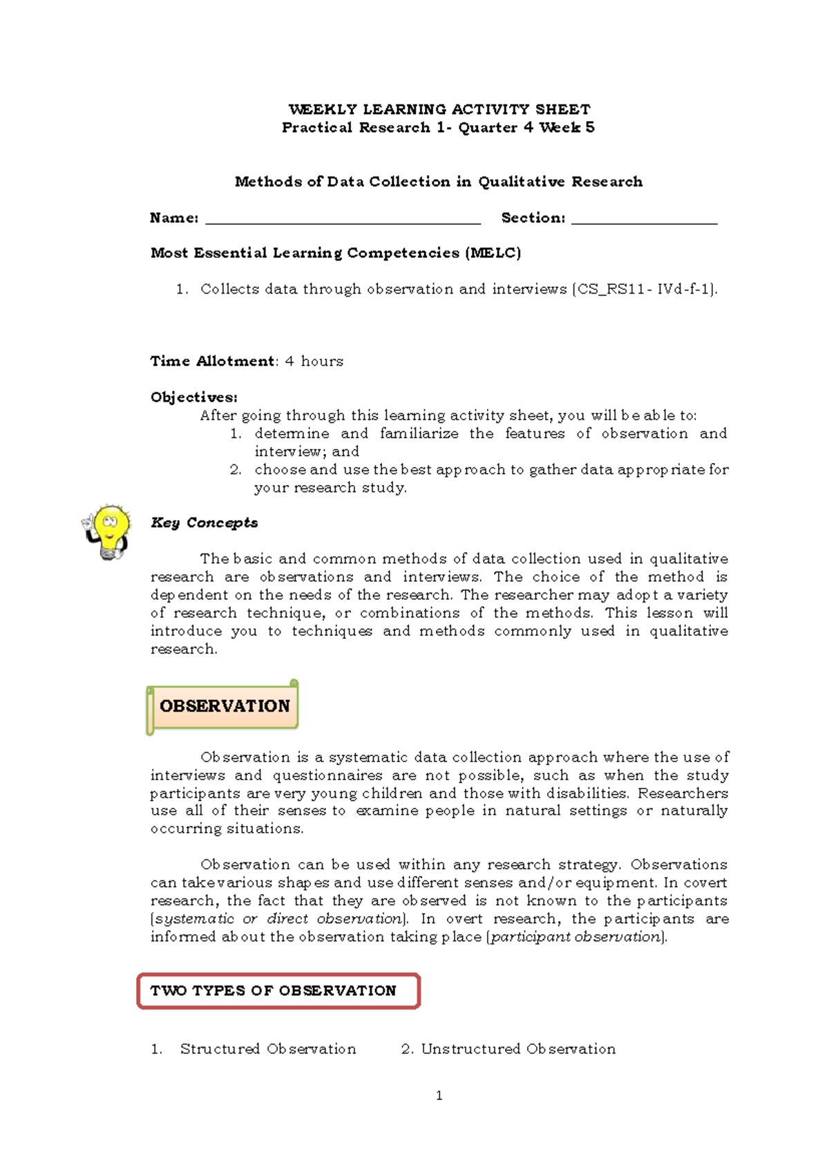 PR1 WLAS Q4-W5 - Methods of Data Collection in Qualitative Research ...