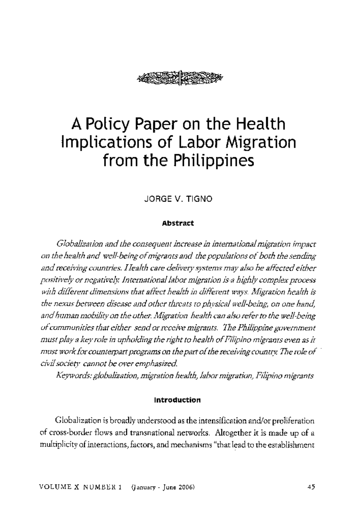 A Policy Paper on Health Implications of Labor Migration from the ...