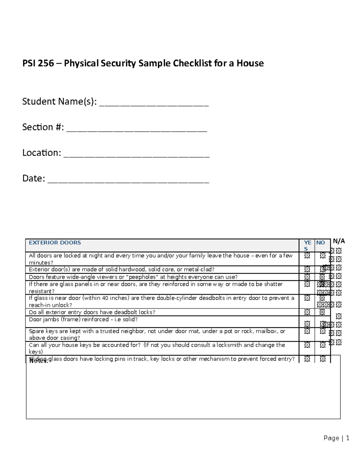 PSI 256 – House Residential Security Checklist for Safety Assessments ...