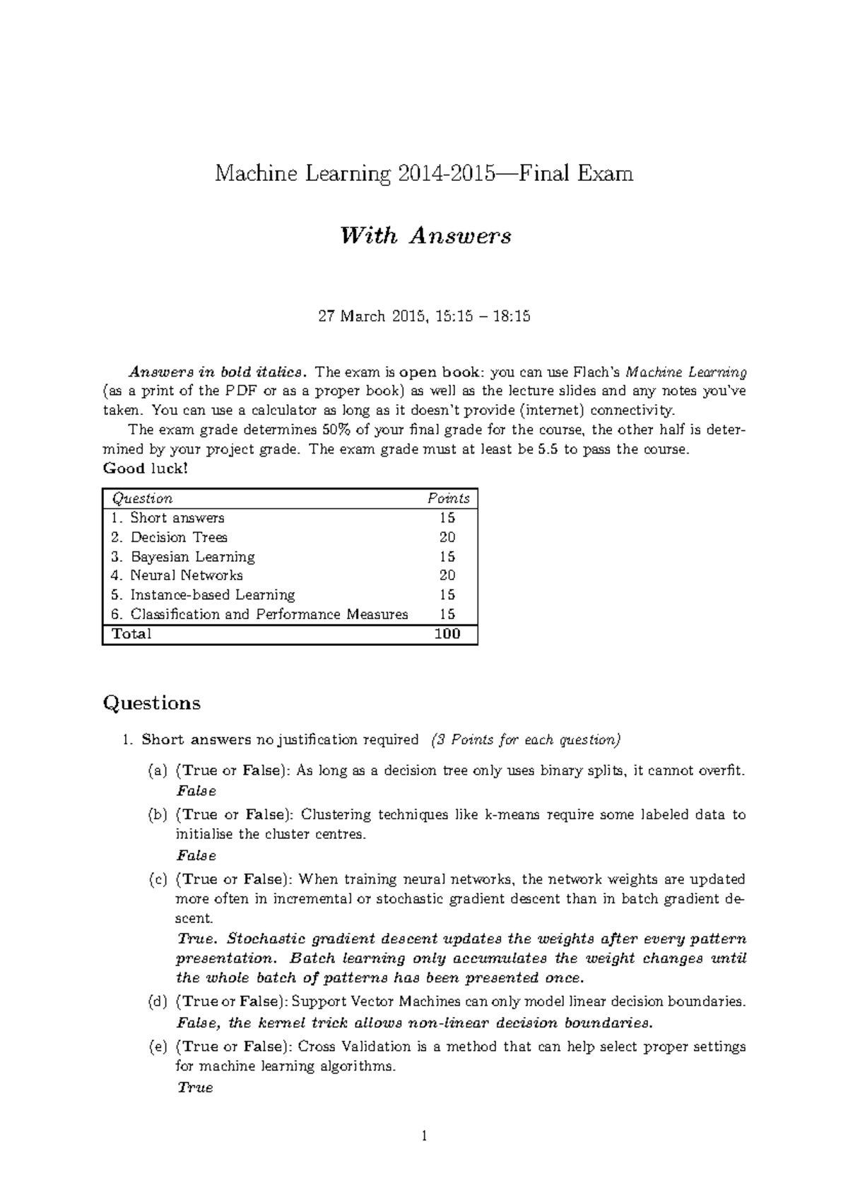 Machine Learning 2014-2015: Final Exam Questions & Answers (27 Mar 2015 ...