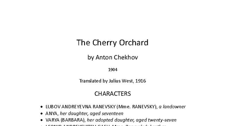 The Cherry Orchard (CHAR 1904) - Character Analysis and Script Excerpts ...