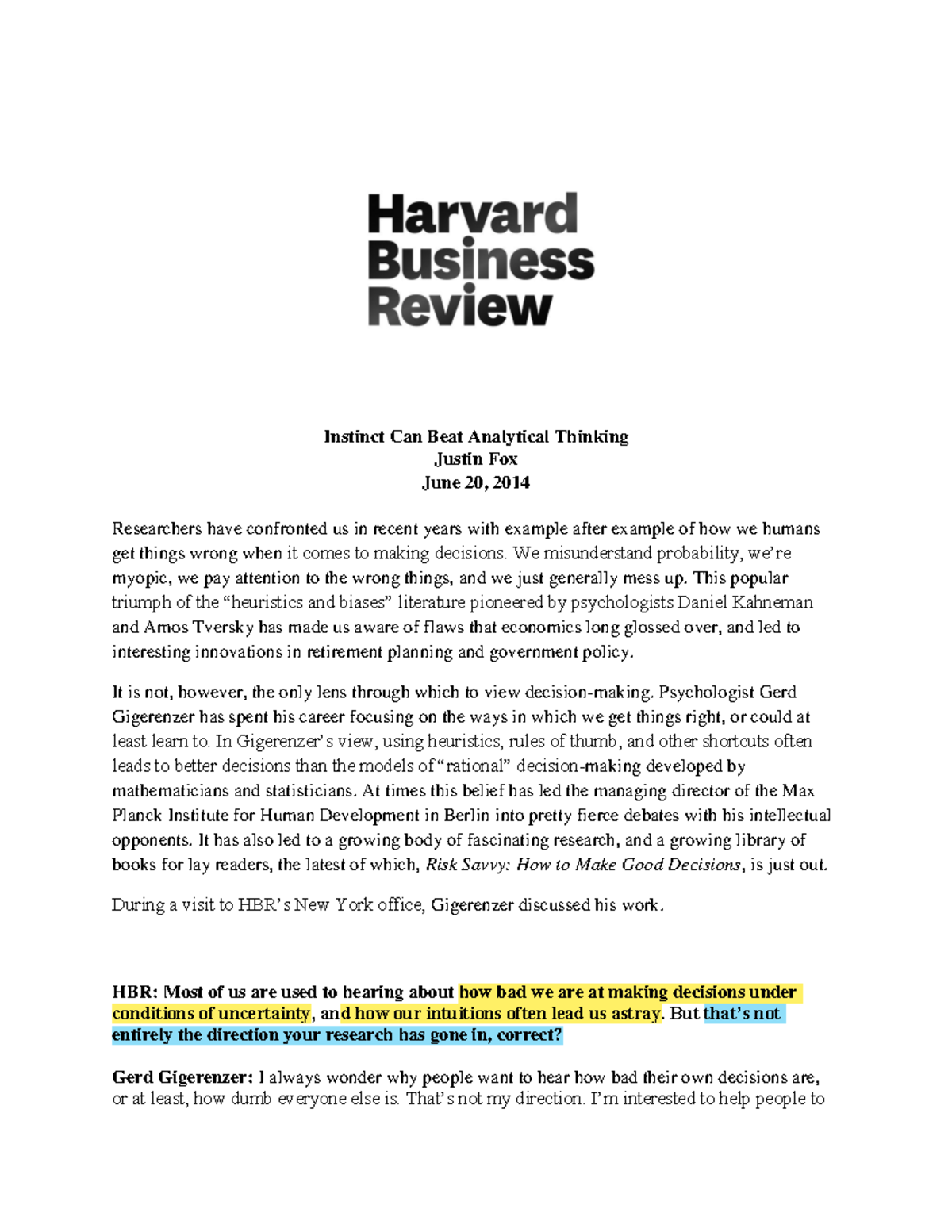 HBR Case Study: Heuristics and the Impact on Decision-Making - Studocu