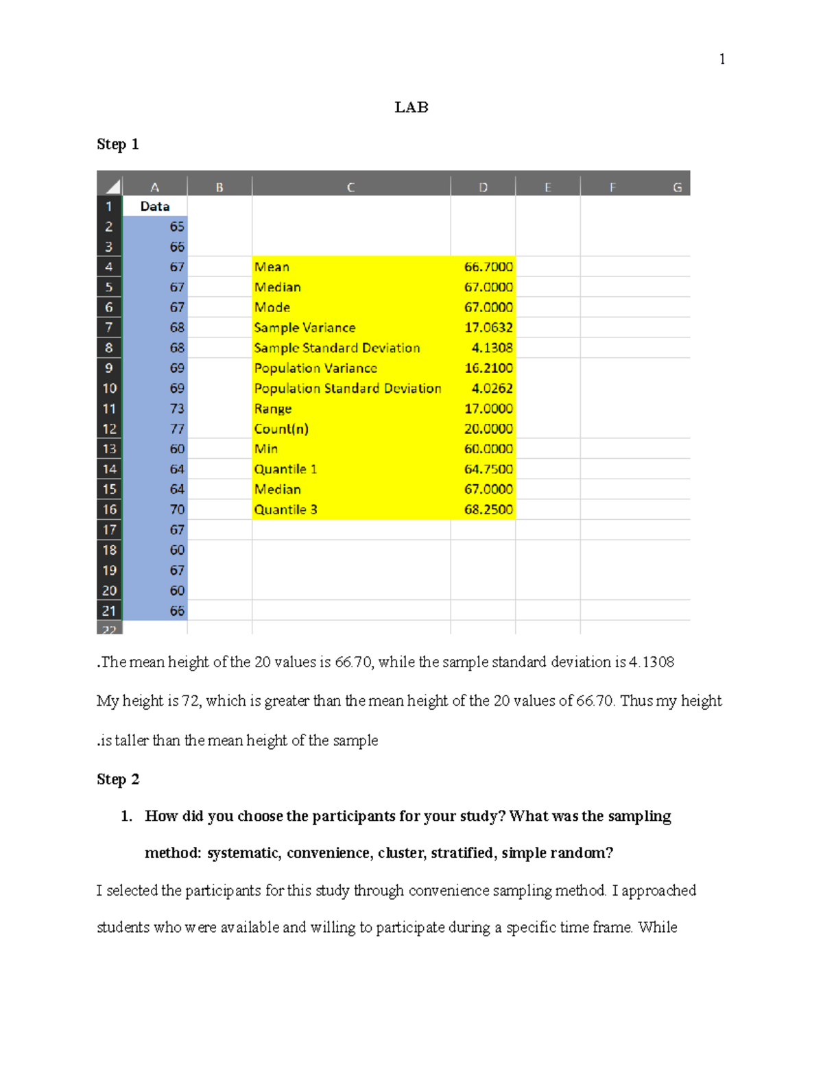 LAB1 - Height Study Using Convenience Sampling Method - Studocu