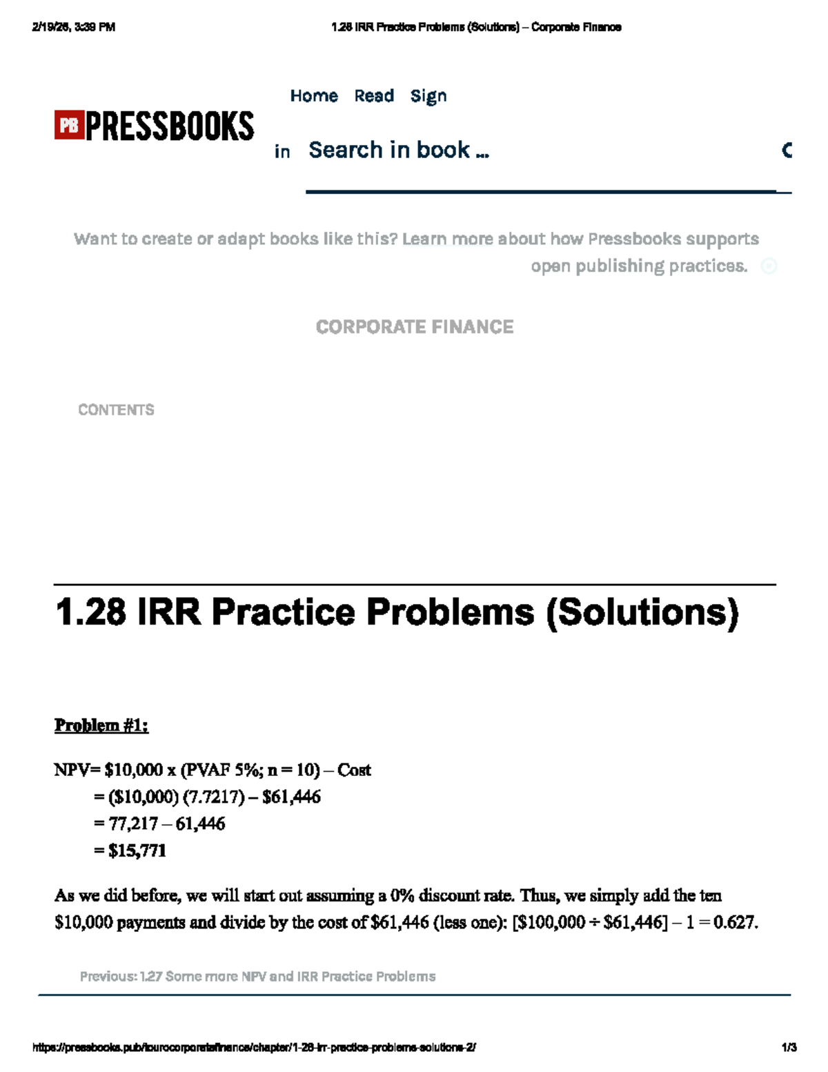 1.28 IRR Practice Problems (Solutions) - Corporate Finance - Studocu