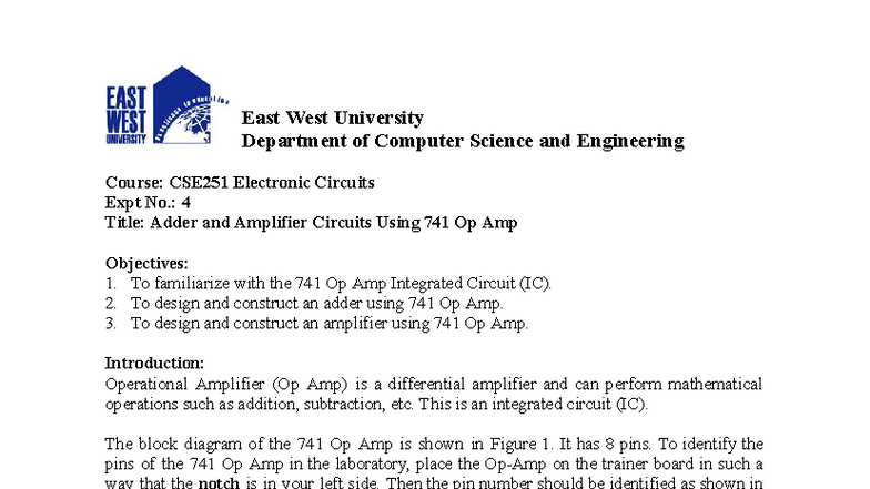 CSE251 Lab Expt 4: Adder & Amplifier Circuits with 741 Op Amp - Studocu