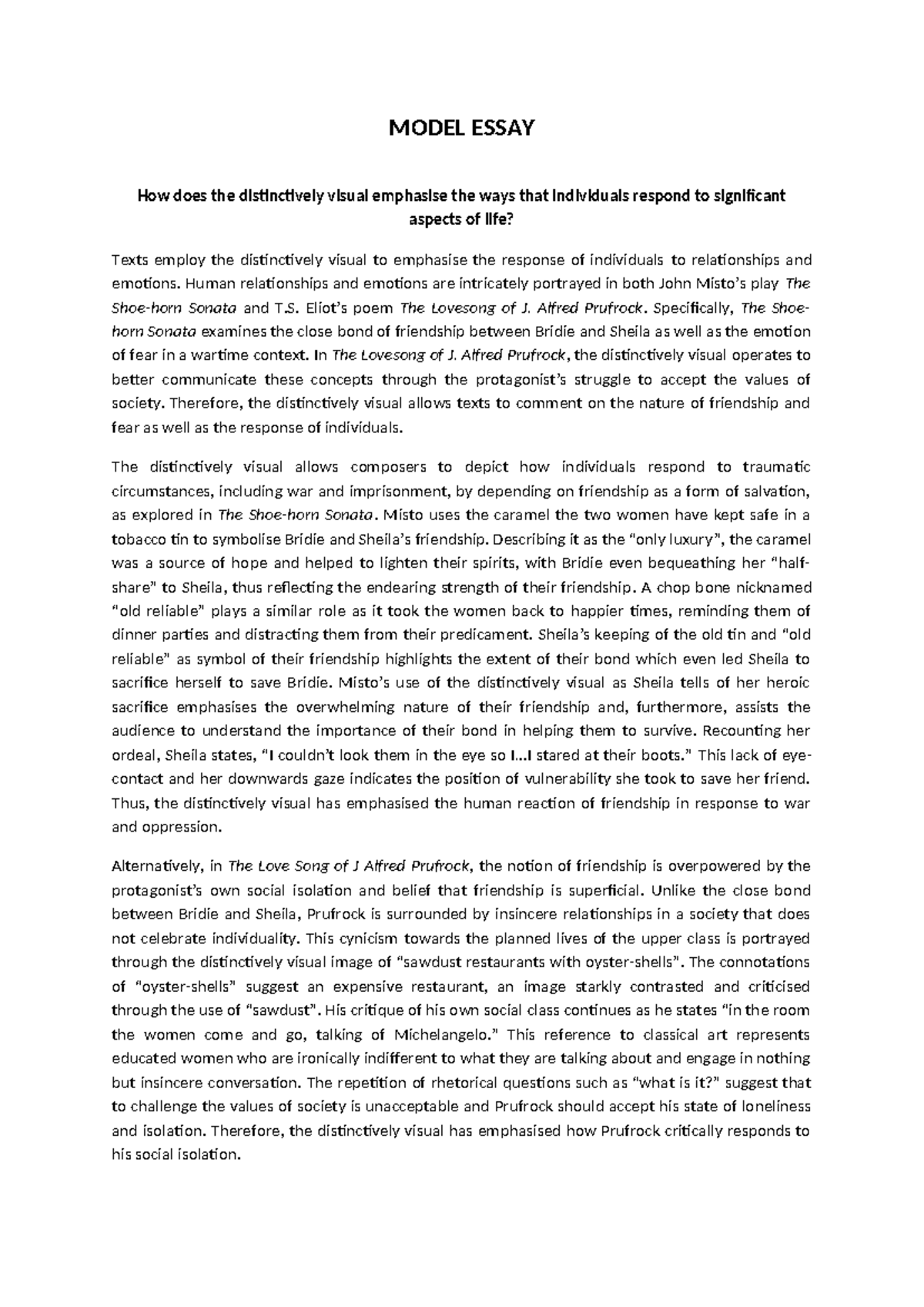Model Essay: The Distinctively Visual in Human Responses to Life - Studocu