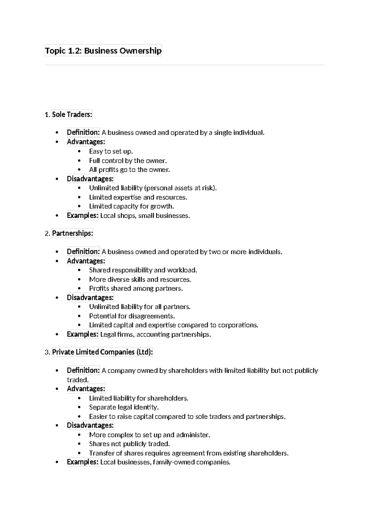 Business Ownership Overview - Topic 1 Revision Notes - Studocu