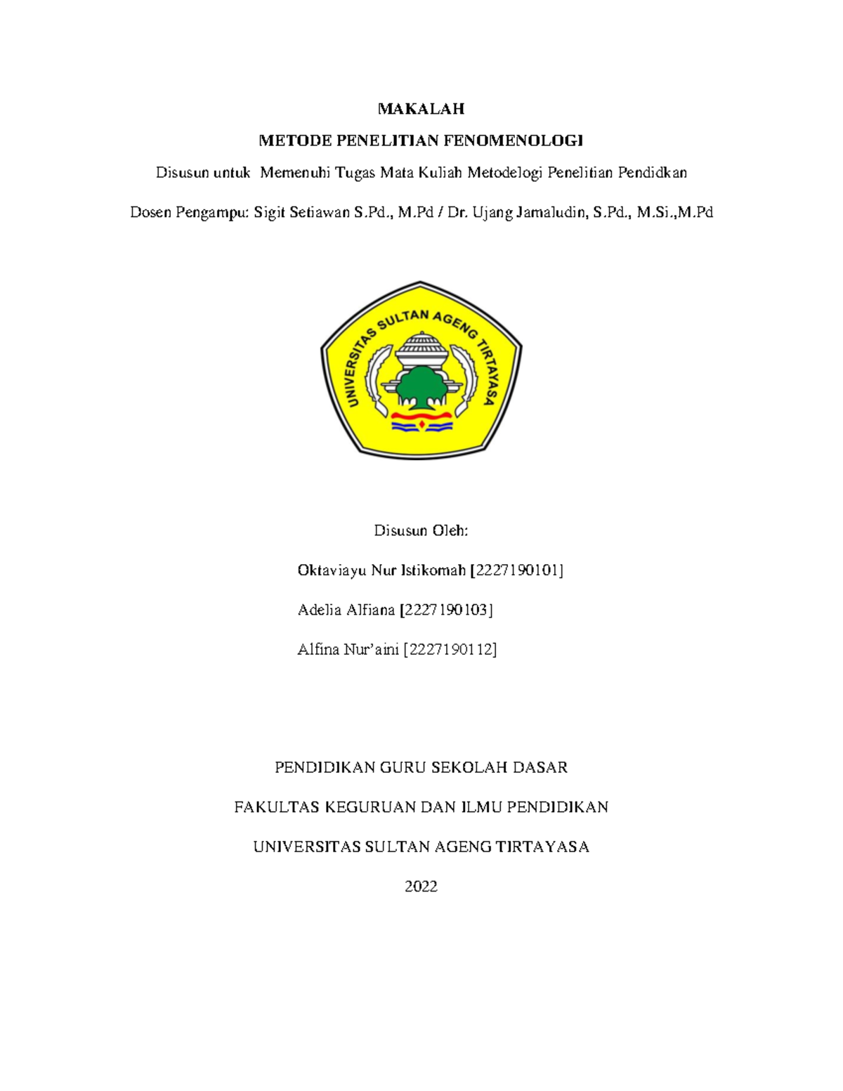 Makalah Metode Penelitian Fenomenologi untuk Mata Kuliah Metodologi - Document Preview