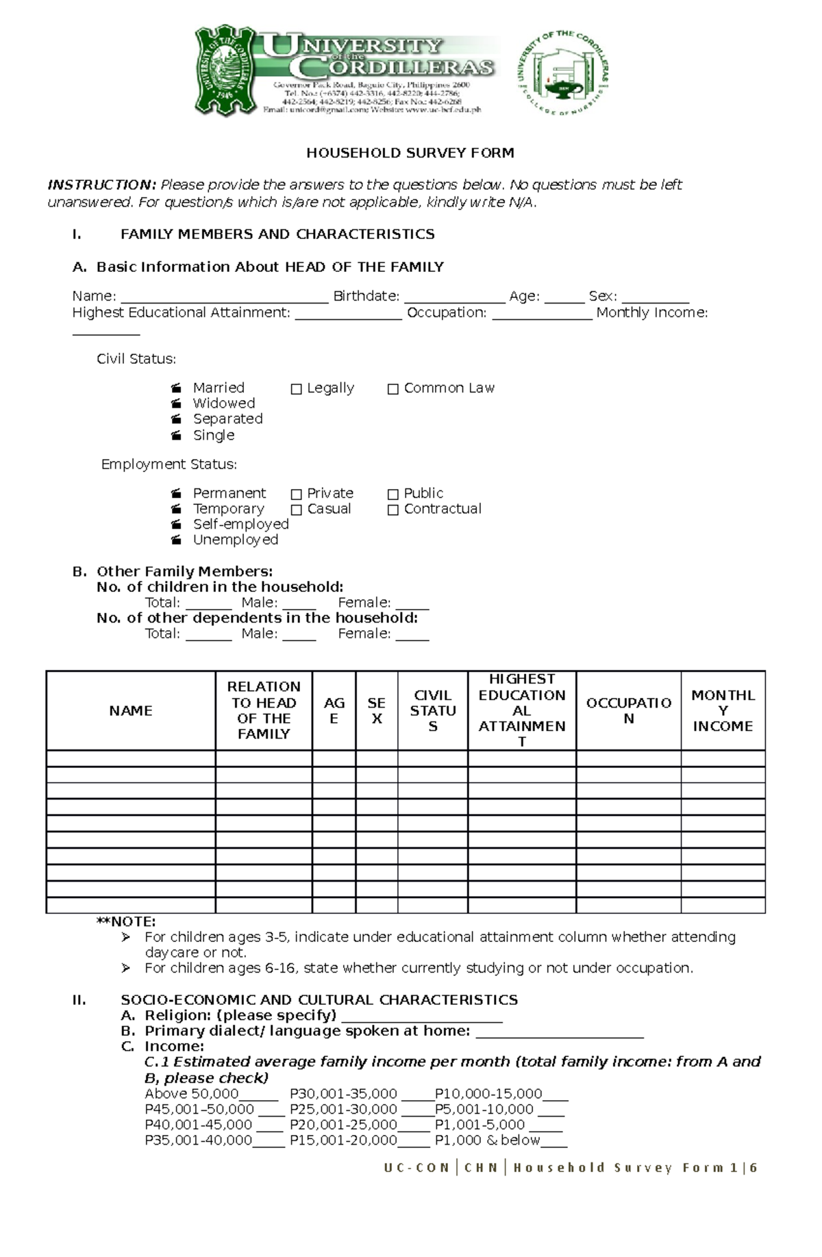 Household Survey Form: Family & Socio-Economic Data Collection - Studocu