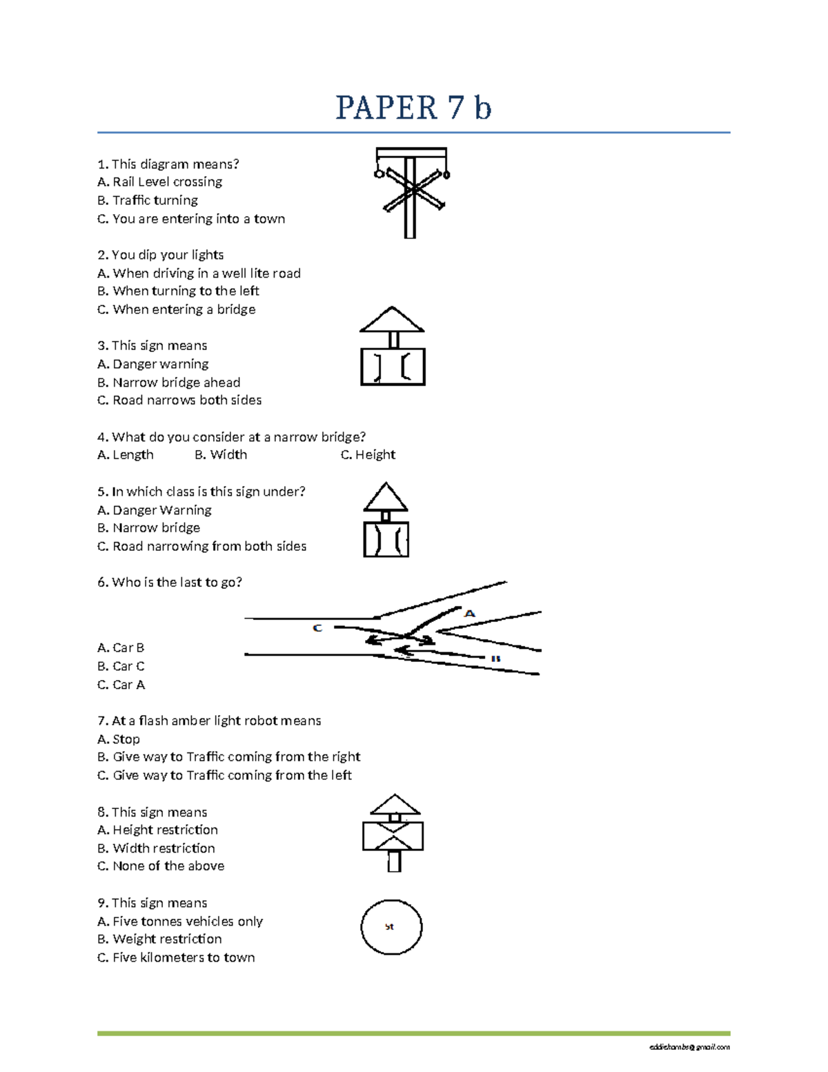 PAPER 7 b - Traffic Signs and Rules Practice Questions - Studocu