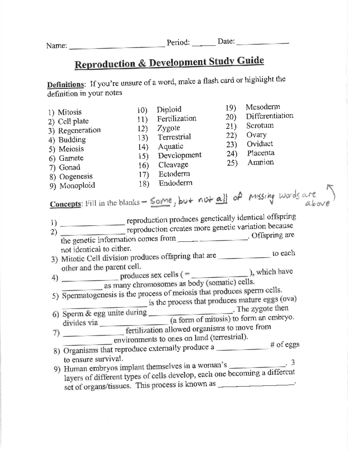 Repro and Develop Study Guide- Student - Name: Period: Date ...