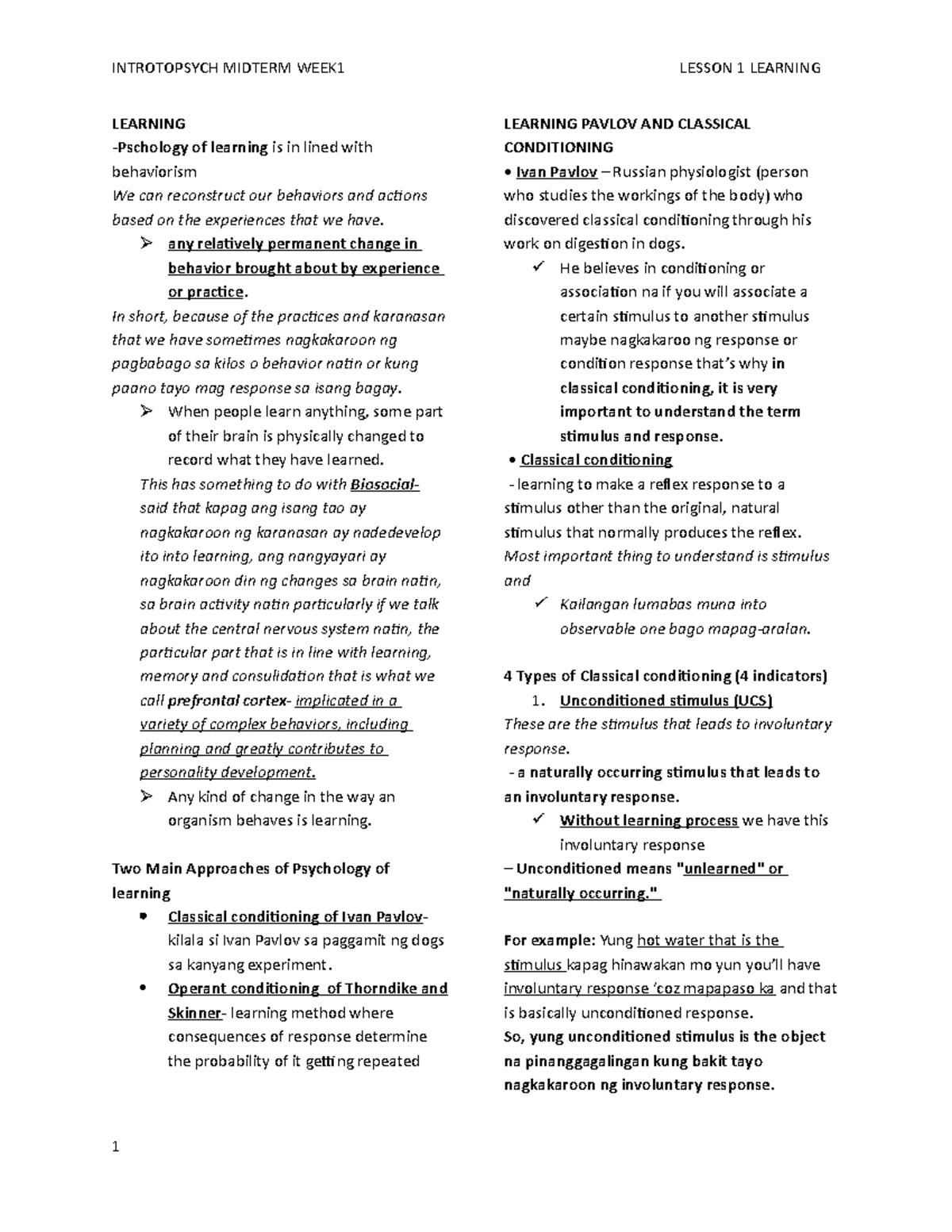 Psych Notes Midterm WEEK 1 - Introduction to Psychology - OLFU - Studocu