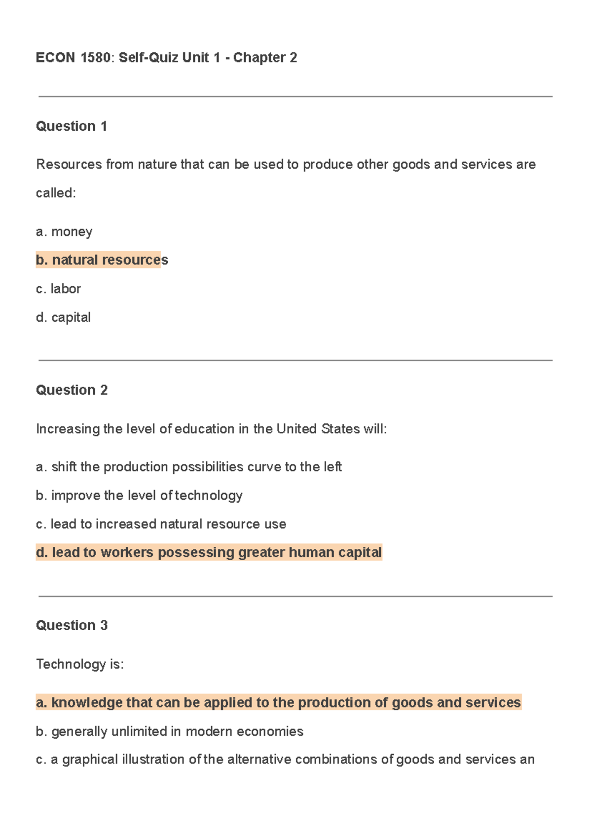 ECON 1580 - Self-Quiz Unit 1 - Chapter 2 - ECON 1580: Self-Quiz Unit 1 ...