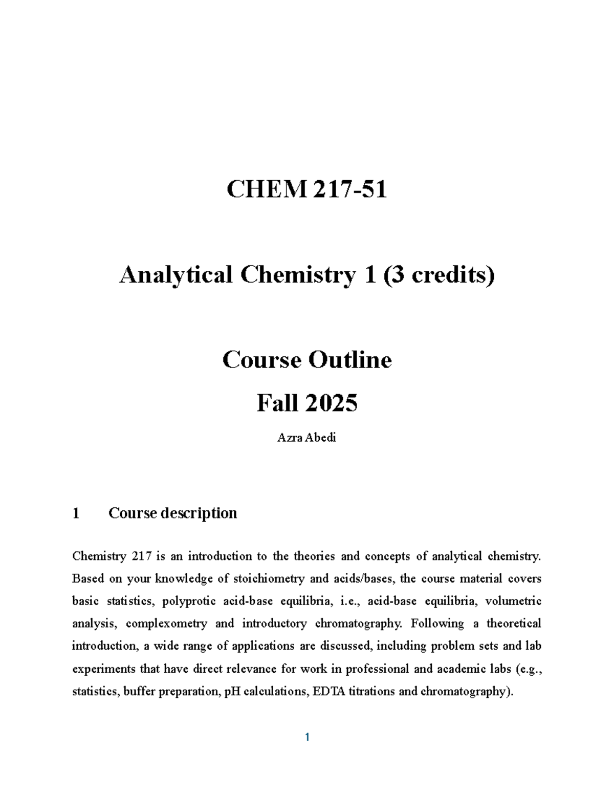 CHEM 217 Analytical Chemistry Course Outline Fall 2025 - Studocu