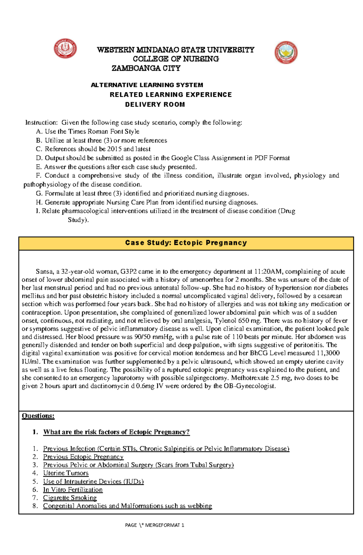 NUR 123 Ectopic Pregnancy Case Study: Assessment & Nursing Care Plan ...
