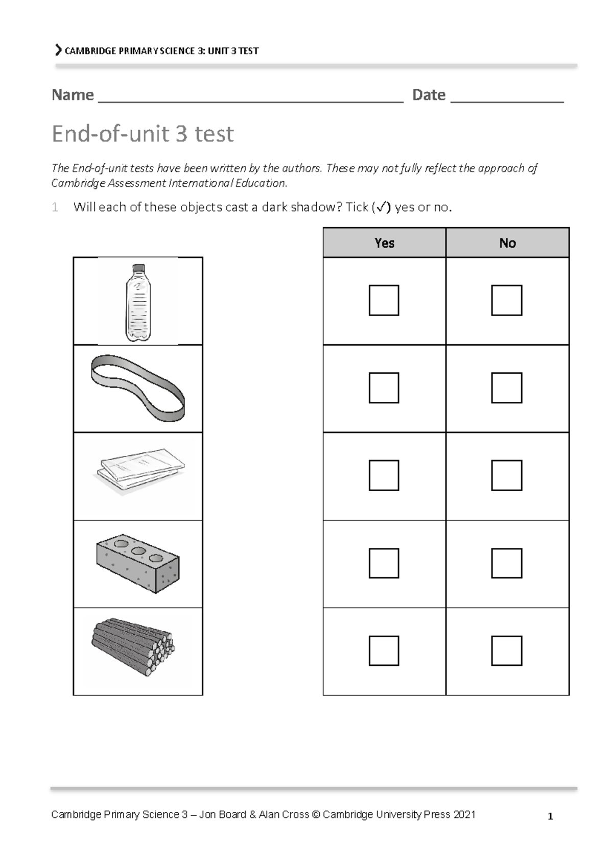 P Science 3 End-of-Unit 3 Test: Shadows and Materials Assessment - Studocu