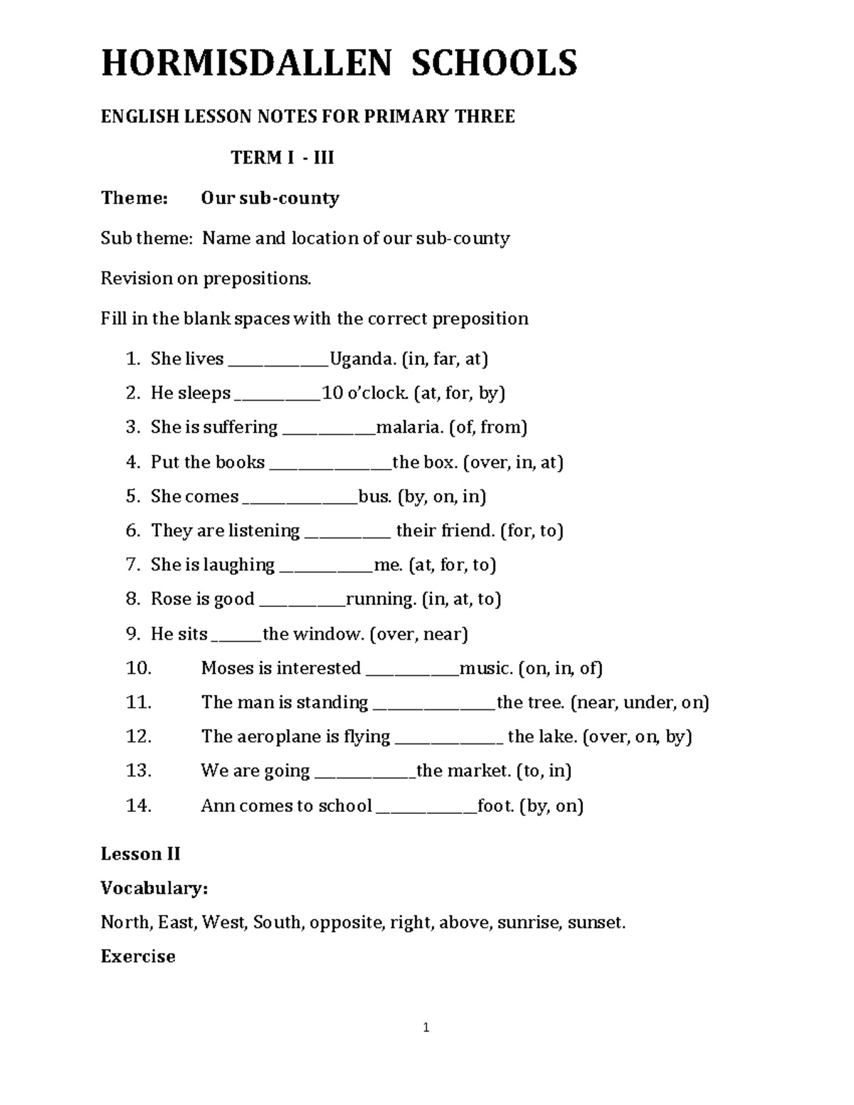 P.3 English Lesson Notes Term 1: Prepositions & Vocabulary - Studocu