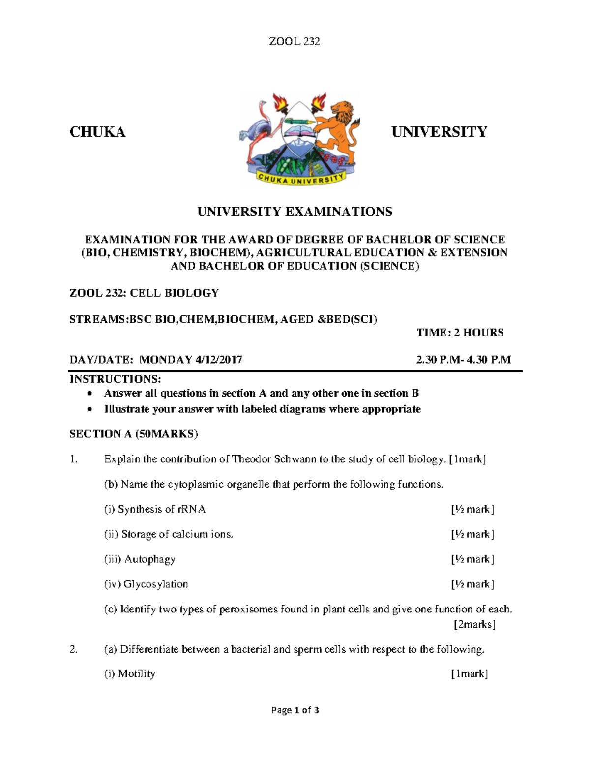 ZOOL 232 - Final Exam Study Notes on Cell Biology - Studocu