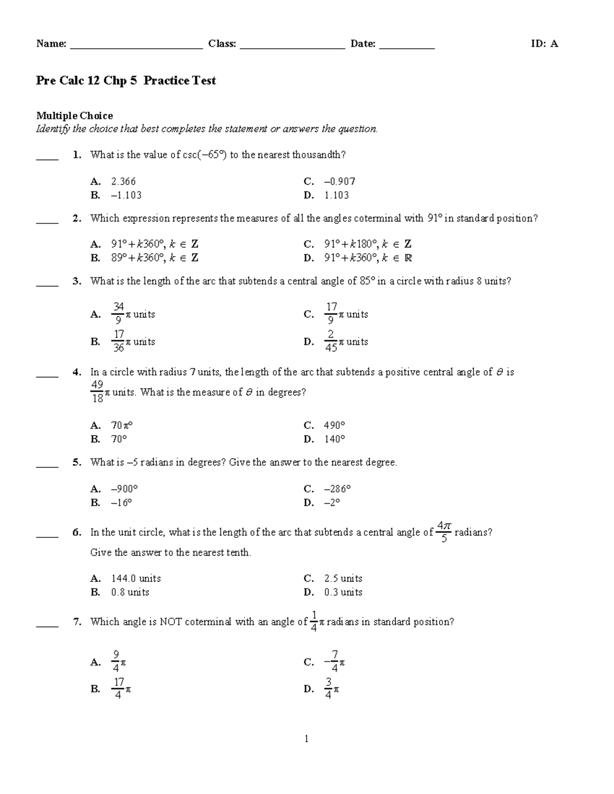 Pre Calc 12 Ch 5 Practice Test Questions and Answers - Studocu