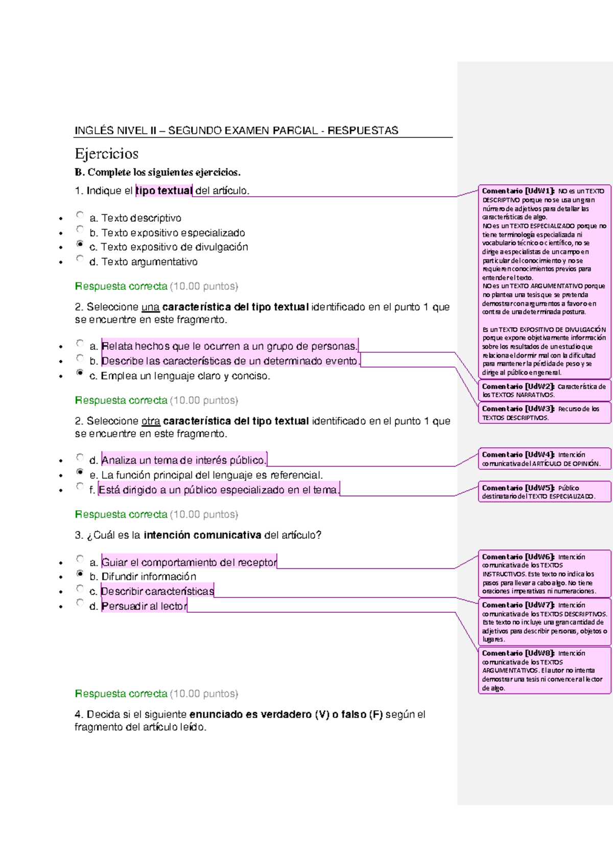 Inglés Nivel II - Respuestas Segundo Examen Parcial 2022 - Studocu
