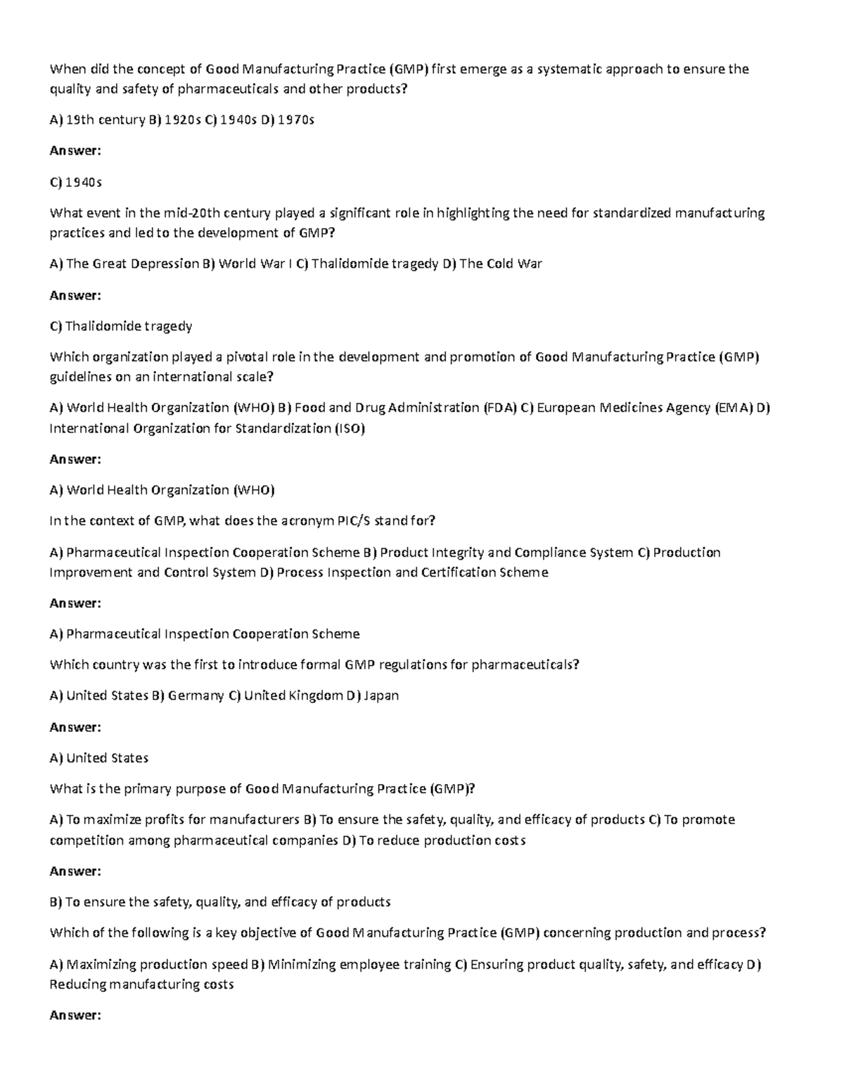 MCQ on Good Manufacturing Practice (GMP) - IA1 Exam Review - Studocu