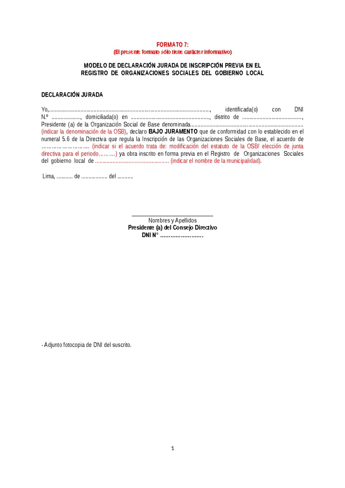 Modelo de declaración jurada de inscripción previa en el registro de ...