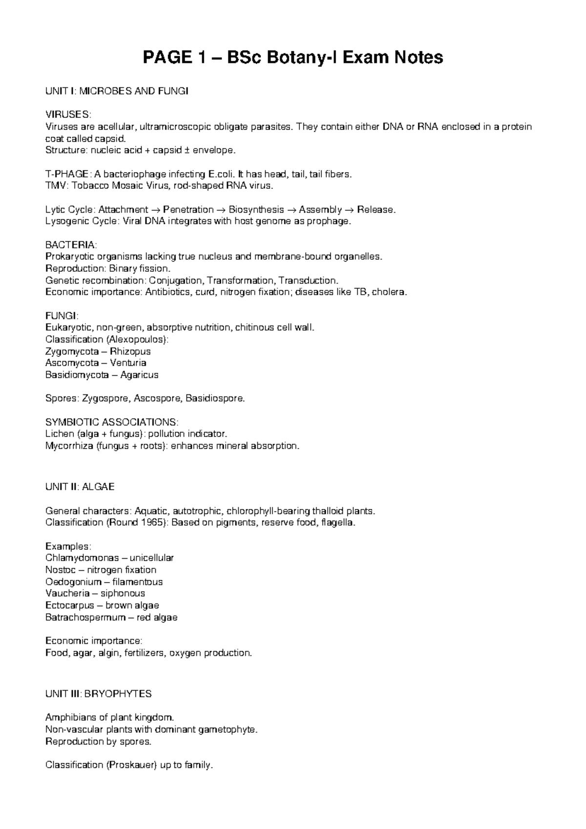 BSc Botany I Exam Notes: Microbes, Fungi, Algae & Bryophytes - Studocu