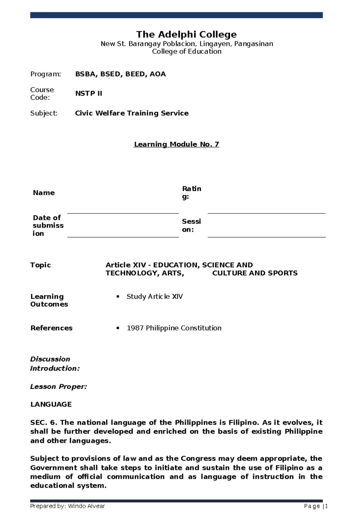 CWTS II Module 7: Understanding Article XIV on Education and Language ...