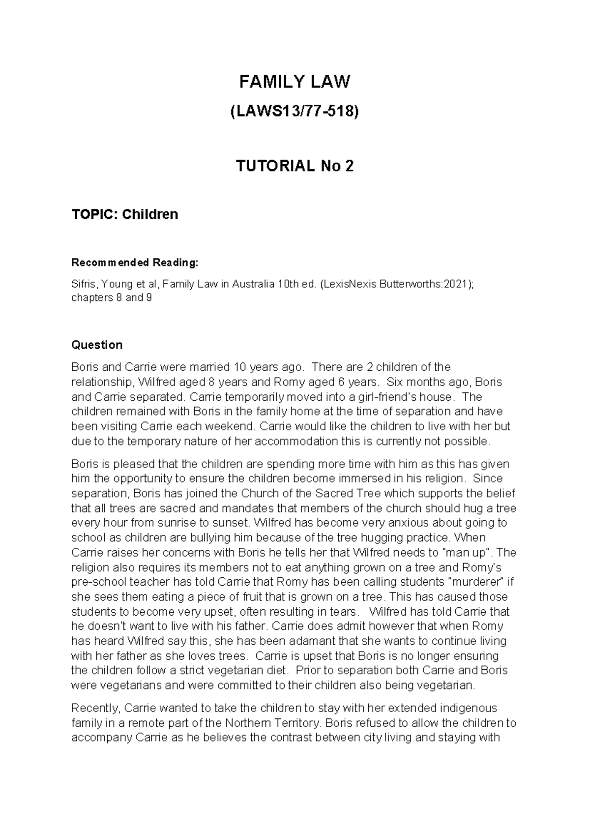 Tutorial (No 2) Family LAW - FAMILY LAW (LAWS13/77-518) TUTORIAL No 2 ...