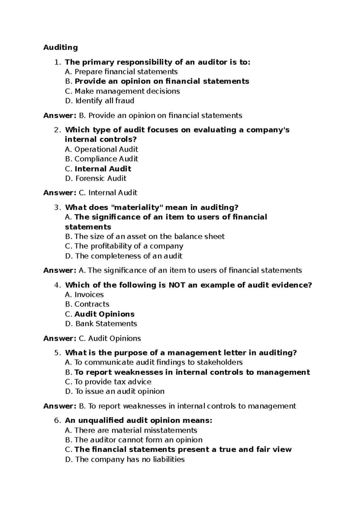 Auditing Quiz Questions and Answers: Key Concepts and Terms - Studocu