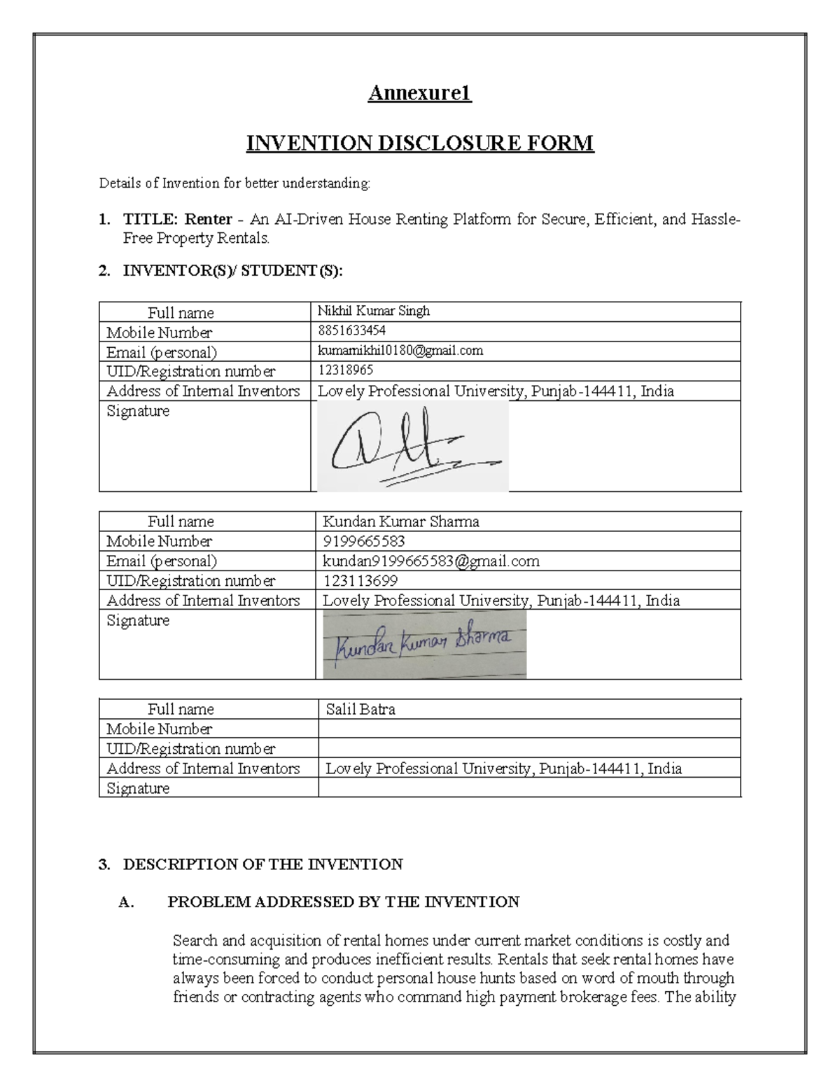 Renter 1 - very informative - Annexure INVENTION DISCLOSURE FORM ...
