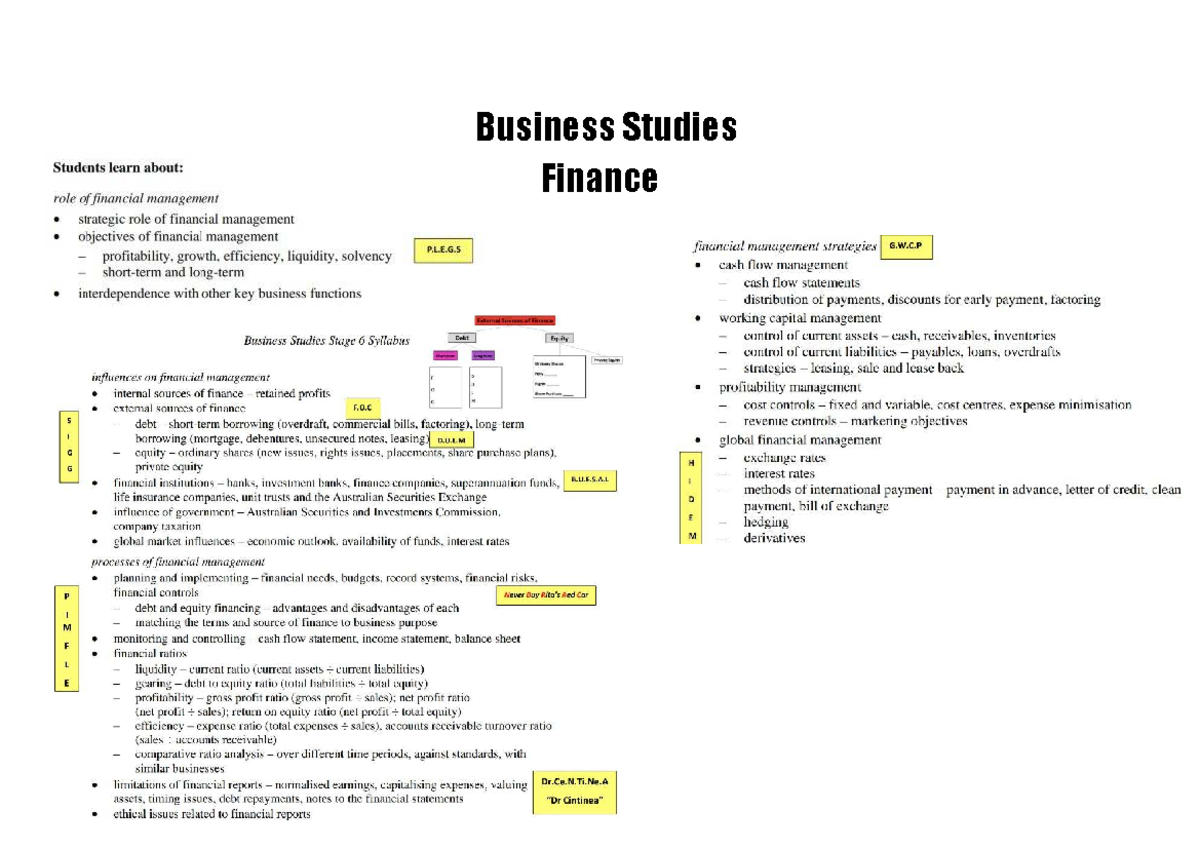 Business Studies: Finance Study Notes (Ryan Kim) - Studocu