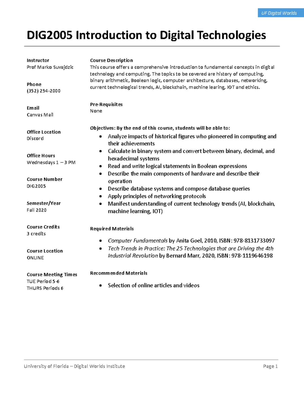 DIG 2005 Comprehensive Guide to Digital Technologies - Fall 2020 - Studocu
