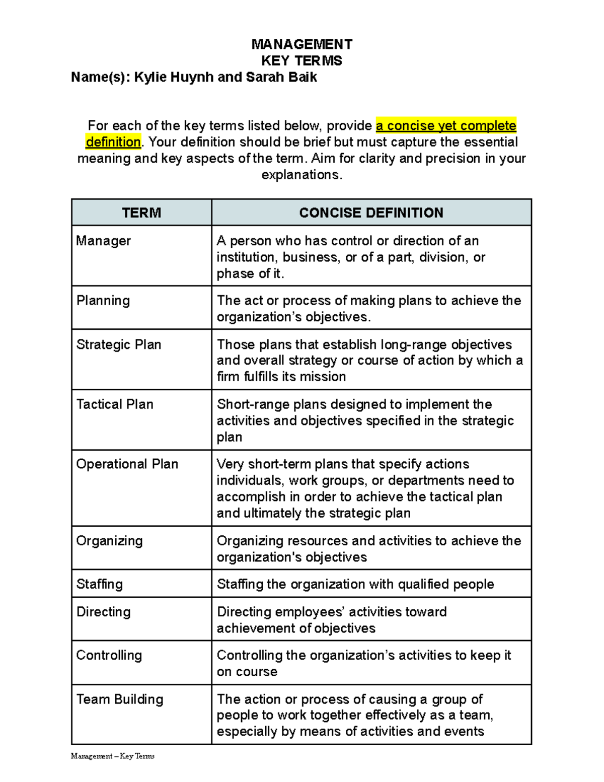 Management Key Terms Definitions for Course Study - MANAGEMENT KEY ...