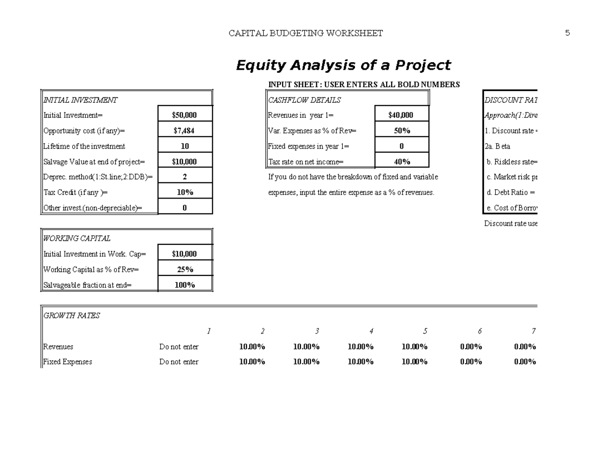 CAPITAL BUDGETING WORKSHEET: Equity Analysis & Cashflow Inputs (Capbudg ...