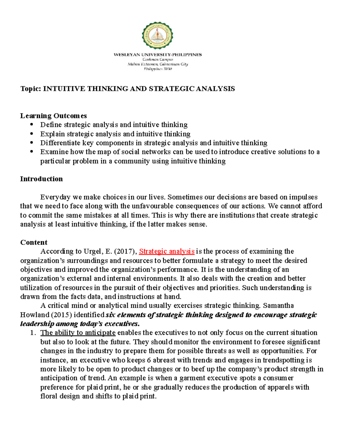 Strategic Analysis and Intuitive Thinking: A Comprehensive Study - Studocu
